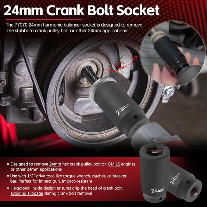 77070 24mm Crank Bolt Socket for GM LS Engine Harmonic Balancer Socket Tool 24 mm Impact Socket Deep Counter-Weighted Design, 3 Times Momentum Power of Standard Impact Sockets