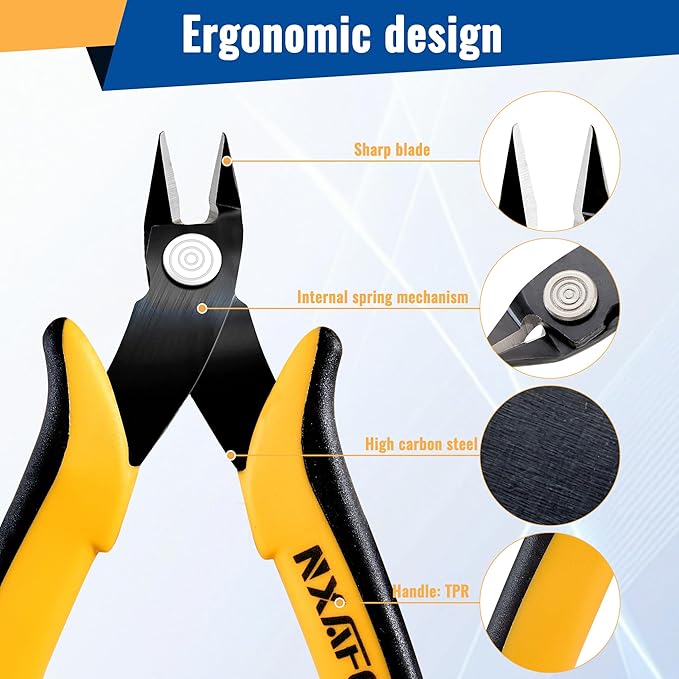 Micro Wire Cutters, 5.4 Inch Flush Cutters, 5 Pack Sharp Spring Loaded Micro Diagonal Cutters for Jewelry, Zip Ties, Electronics & DIY with Soft Grip Handles (Yellow & Black)