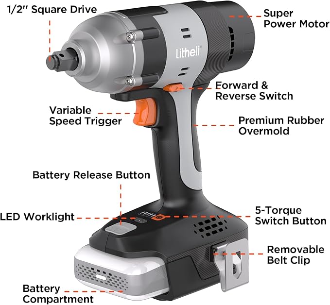 LiTHELi Cordless Impact Wrench Kit, 1/2 Inch Hog Ring Impact Gun with 4 Impact Sockets, 5 Torque Settings Impact Driver with Carry and Storage Box, Charger not Included
