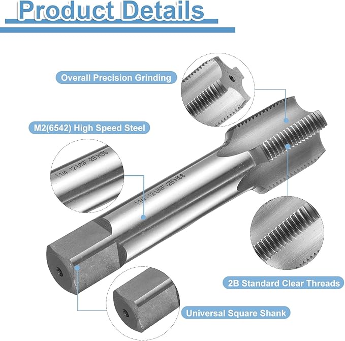 uxcell Hand Bottom Tap 1-1/4-12 UNF 2B Thread Bottoming Style Threading Taps High Speed Steel HSS6542 Straight Flutes Screw Tapping Tool