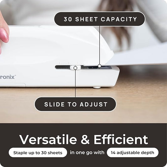 EcoElectronix Portable Automatic Electric Stapler Pro - 30 Sheet Capacity, Quiet Operation, Jam-Free and Easy Reload - AC Adapter/Battery Powered, (White)