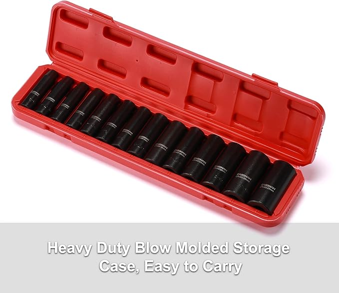 CASOMAN 1/2-Inch Drive Deep Impact Socket Set, 14 Pieces Set, 10mm-27mm, CR-MO, Metric, Heavy Duty Storage Case