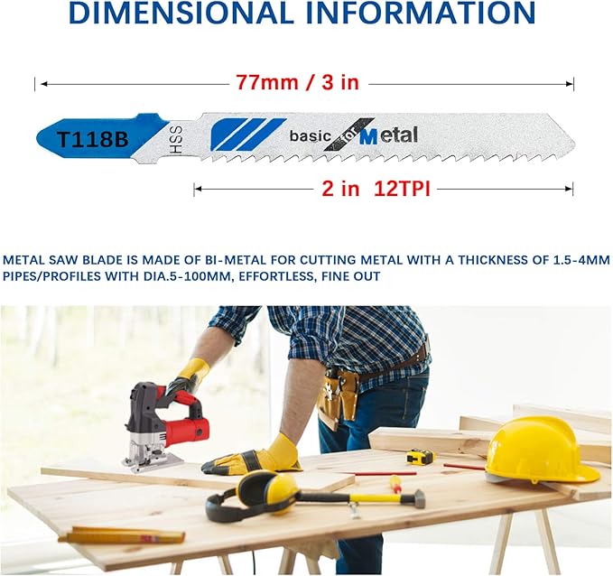 TAROSE 10-Piece T118B 3 Inch 12 TPI Assorted T-Shank Jig Saw Blades Set for Cutting Metal
