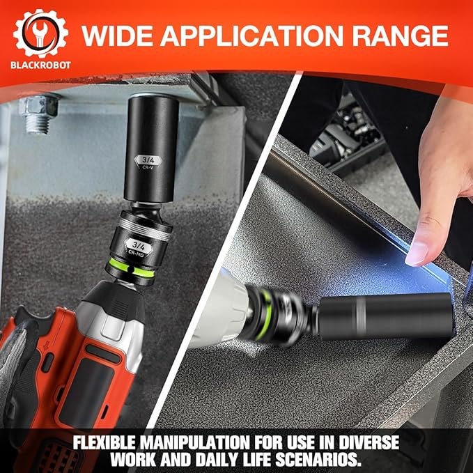 BLACKROBOT 3/4" Drive Impact Universal Joint Set, CR-MO Swivel Socket Adapter for Heavy-Duty & Automotive Repair, Flexibly Reach Tight-Angle Fasteners