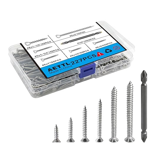 225Pcs Wood Screws Assortment Kit,304 Stainless Steel Screws,Phillips Drive,Screw Set,Assorted Screws,6 Sizes (2??1-1/2??1-1/4??1??3/4??1/2??,with 2pcs PH2*10cm Screwdriver bits