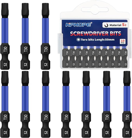 HPHOPE T30 Screwdriver Bit Set 10Pcs, Torx Bits T30, 1/4" Hexagon Bit, Length: 50mm