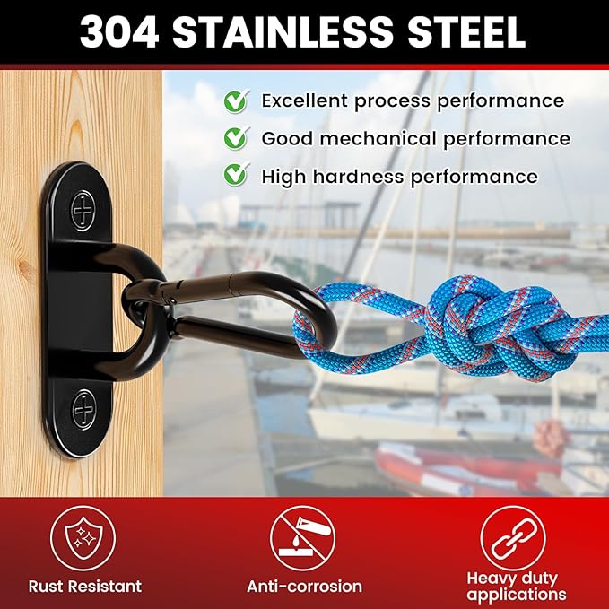 sprookber 304 Stainless Steel Pad Eye Snap Hooks, M5 Heavy Duty Ceiling Hooks, 500 lb Capacity Hammock Swing Hanging kit, Plant Hangers, Marine Hardware Staple Hook Loop with Screws, Set of 8(Black)