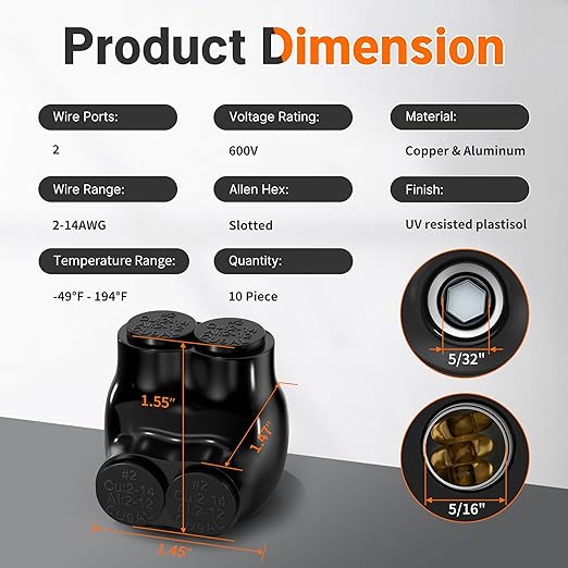 Joinfworld 2 Port Insulated Multi Tap Connector 2-14AWG Aluminum to Copper Wire Connectors Single Side Entry Aluminum Black Electrical Cable Connectors with Slotted Allen Hex - 10 Pack