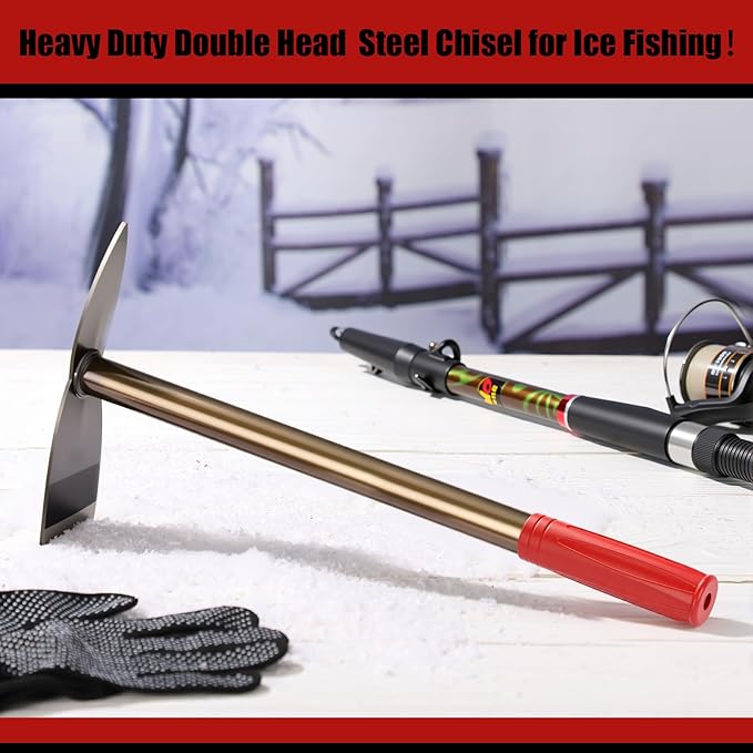 Pangda 16 Inch Heavy Duty Steel Chisel for Ice Fishing Double Head Long Chipper for Ice Fishing Drilling Outdoor Winter Rescue Breaking