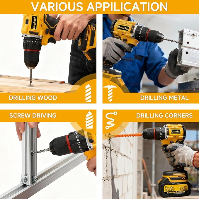 Cordless Drill Set, Power Drill Tool Set 20V, 3/8-Inch Keyless Chuck Drill Gun,Variable Speed (Equipped with two 4000mAh batteries)