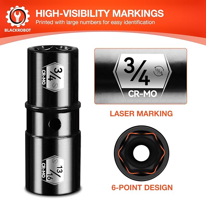 BLACKROBOT 5-Piece 1/2" Drive Lug Nut Impact Socket Set, Include 17mm횞19mm, 21mm횞22mm, 3/4"횞13/16", 7/8"횞15/16" & 3" Extension Bar, Flip Socket Design, Cr-Mo Steel with Electroplated Surface
