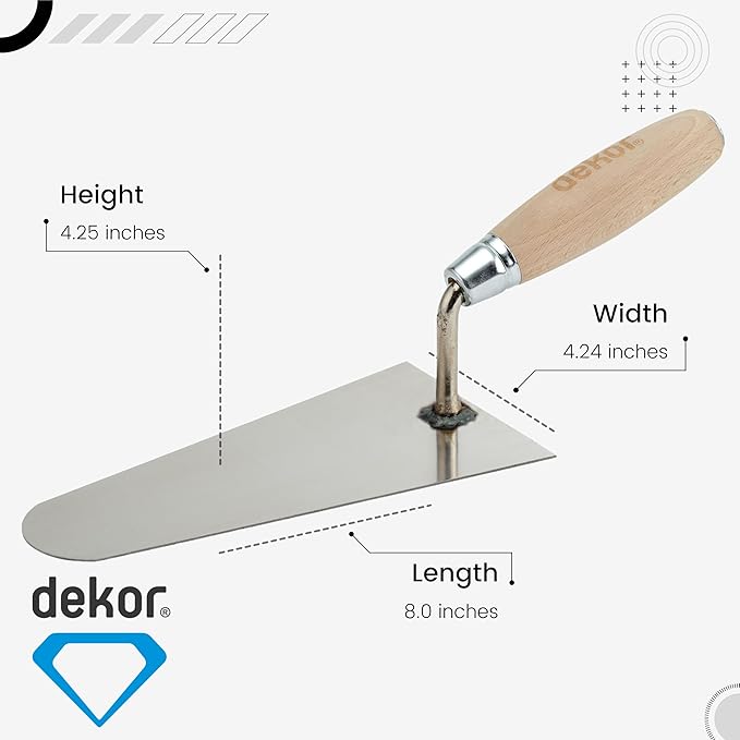 DEKOR Plaster and Brick Trowel - Size 8" - German Stainless Steel Ensures Rust-Free Performance for Masonry Tools, Bricklaying, Plastering - Commercial and DIY Use - Made in Europe - Wooden Handle