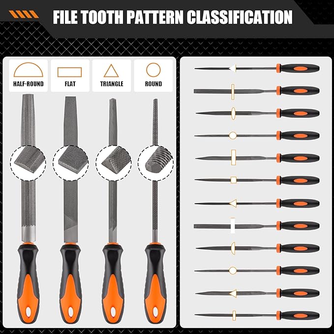 17 PCS Metal File Set Upgraded Hemicycle, Angle, Round, Flat & Needle Files for Plastic, Wood, Metal Projects - Alloy Steel Hand Tools with Storage Case