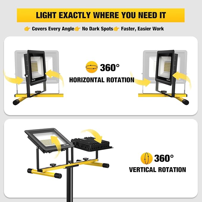 Upgraded LED Work Lights with Stand, 2-Head Adjustable Work Light, Waterproof Tripod Worklights with 16.5 FT Cord for Outdoor & Indoor Job Sites, Workshops, Construction, Garage Lighting