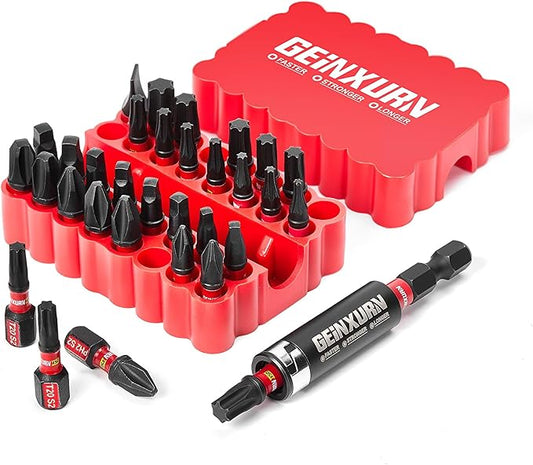 Impact Screwdriver Bits Set, 33 Pieces 1?쒶ulti Head Magnetic S2 Steel Driver Bits PH/SQ/Torx/Slotted With Red Soft Base