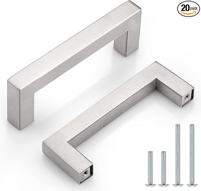 Probrico 20 Pack|Sqaure Kitchen Cabinet Pulls 3-1/2 inch Hole Center, Stainless Steel Furniture Cabinet Hardware, Brushed Nickel Cabinet Handles, 4 Inch Total Length