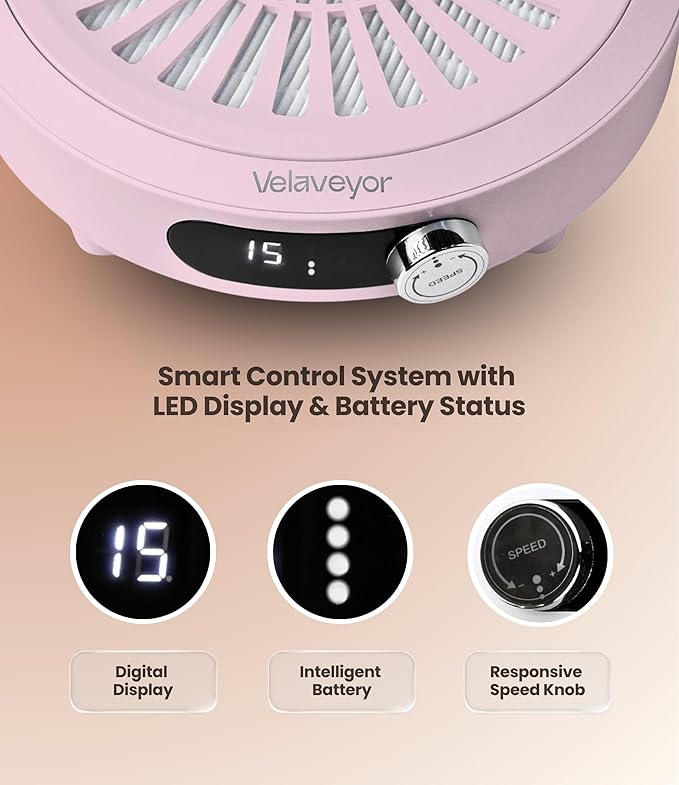 Nail Dust Collector, Rechargeable & Cordless 3800 RPM Low Noise Nail Vacuum Fan with LED Display, Adjustable Speed, Reusable Filter, 30 Pcs Paper, for Acrylic Nails, Salon & Home, Pink