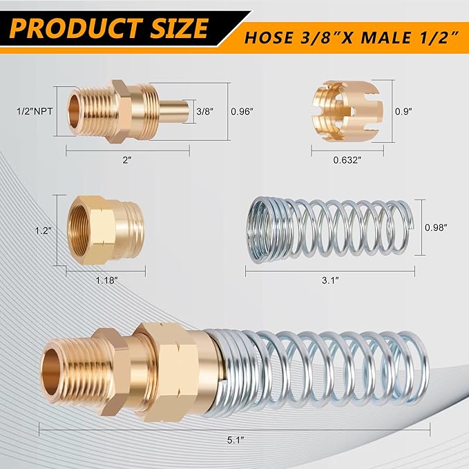 Brass DOT Air Brake Hose End Fitting, Dazakoot 3/8??Hose x 1/2??Male Connector with Spring Guard, Air Brake Connector for Semi Truck - 8 Pack End Fitting & 8 Pack Sleeve Tube