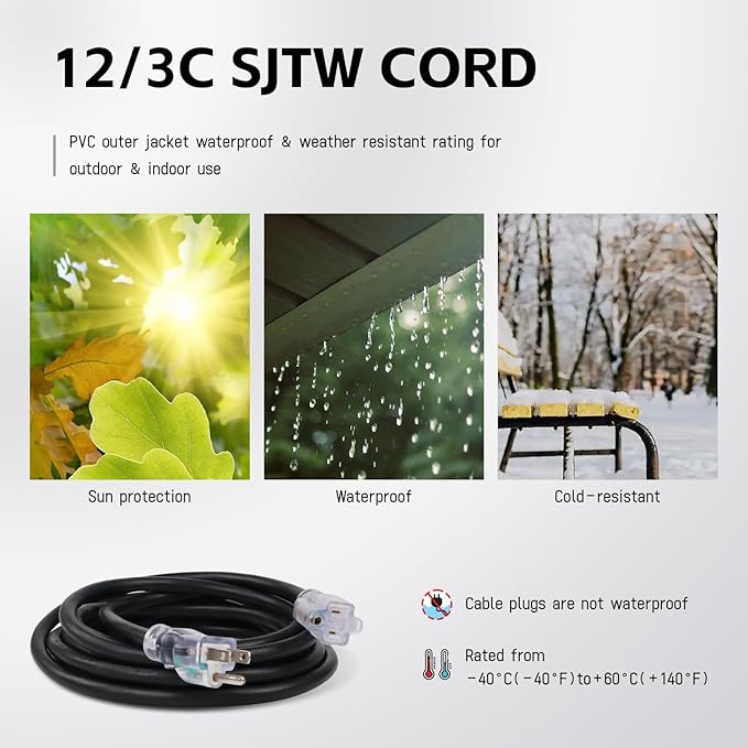EP 6 Ft Outdoor Extension Cord, 12/3 SJTW Heavy Duty Waterproof Power Cable, 3 Prong Grounded Plug, Lighted End, for Lawn, Garden, Appliances, Black