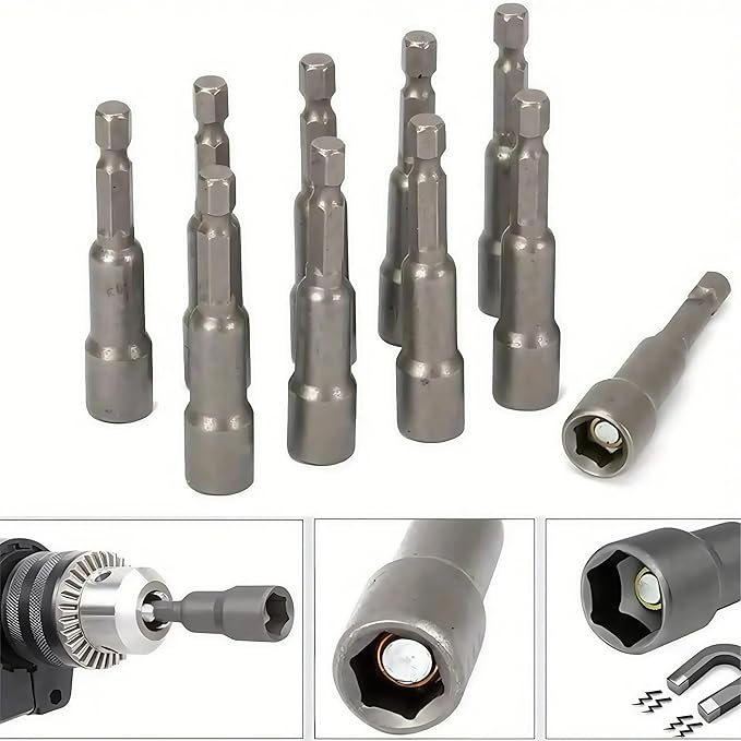 10PCS 5/16 Nut Driver Set,6mm-19mm Hex 5/16 Drill Bit Nut Driver Set Socket Adapter 1/4 Inch 42mm Electrician Tools