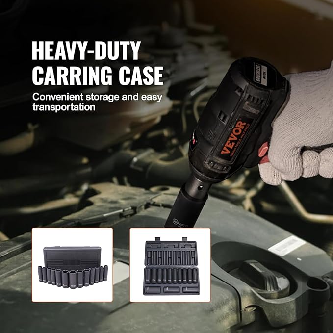 1/2" Drive Deep Impact Socket Set, 13 Piece and Metric 10-24mm, 6 Point Cr-V Alloy Steel for Auto Repair, Easy-to-Read Size Markings, Rugged Construction, Storage Case