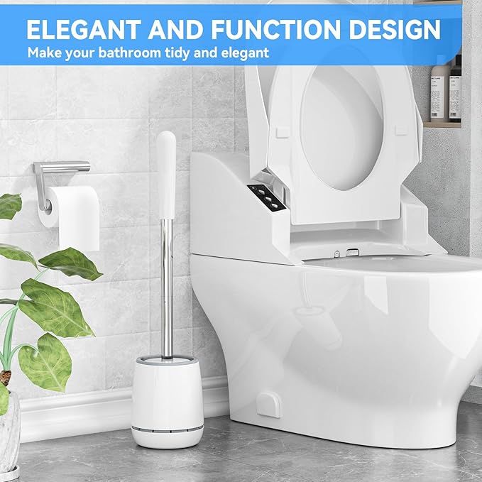Toilet Brush, Toilet Brush and Holder with 304 Stainless Steel Handle, Space Saving Toilet Bowl Brush for Storage, Durable Bristles Toilet Scrubber for Bathroom Cleaning (1, White)