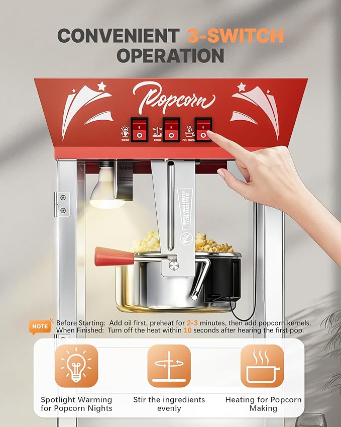 12 Oz Commercial Popcorn Machine, 850 W, Movie Theater Popcorn Machine, Red Tabletop Pop corn Machine with 3-Switch Control & Steel Frame Tempered Glass Doors for Home Theater