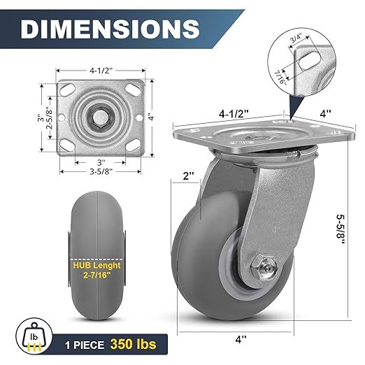 4"x 2" Heavy Duty Caster, Thermoplastic Rubber Casters(Crown Tread)- 350 Lbs Per Casters, Plate Caster for Furniture Platform Trucks Workbench(2 Pack Swivel)