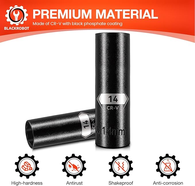 BLACKROBOT 1/2 Inch Drive 6-Point Deep Socket, 14mm Deep Impact Socket, CR-V Steel