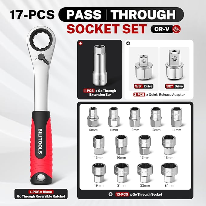 BILITOOLS 17PCS 3/8" & 1/2 Pass Through Socket Set, 2-In-1 Conversion For Standard Ratchet/Pass-Through Ratchet, Pass Thru Go Through Mechanics Tools Set For Hex, Square, E-Torx, Spline