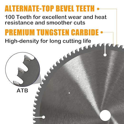 12" 100T Aluminum Circular Saw Blade, Table Miter Saw Blade with Tungsten Carbide Tipped, Cutting Blade for Non-Ferrous Metal, Copper, Polycarbonate, Drywall, MDF, Plastic, 1" 1PC