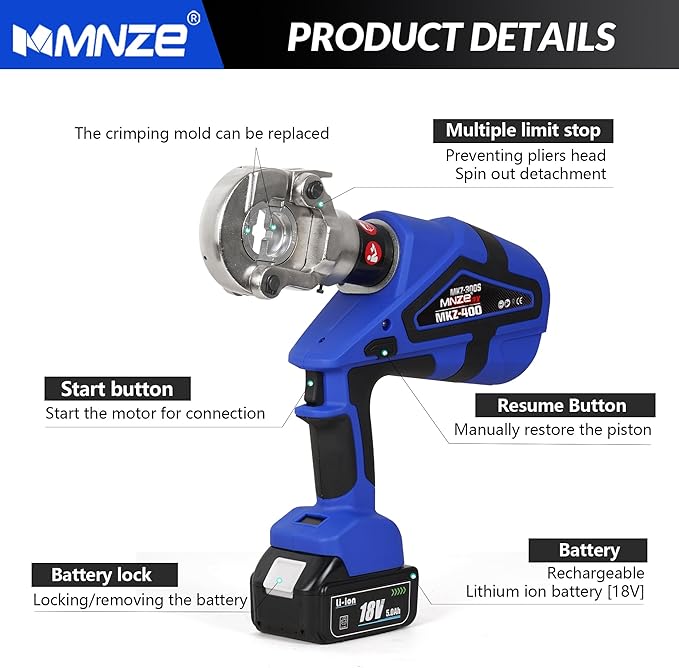 Electric Hydraulic Cable Lug Crimper Pliers Rechargeable Crimping Tool 6 Ton Electrical Terminal Cable Wire Fiber Crimper Kit with 11 Dies (MZ-MKZ-300)