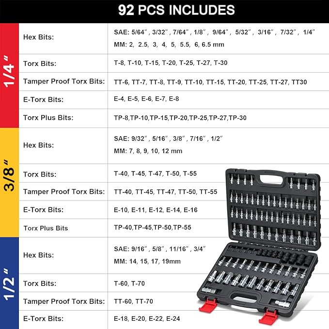 92-Piece Allen and Torx Bit Socket Set, 1/4" 3/8" and 1/2" Drive Tamper Proof Torx/Hex SAE & Metric Bit Set