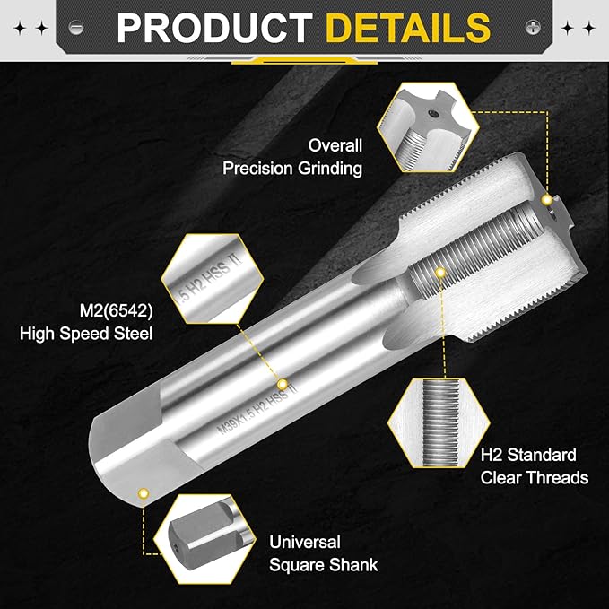 uxcell Hand Plug Tap M39 x 1.5 H2 Metric Thread Plug Style Taps Straight Flute Screw Tapping Threading Tool High Speed Steel HSS6542