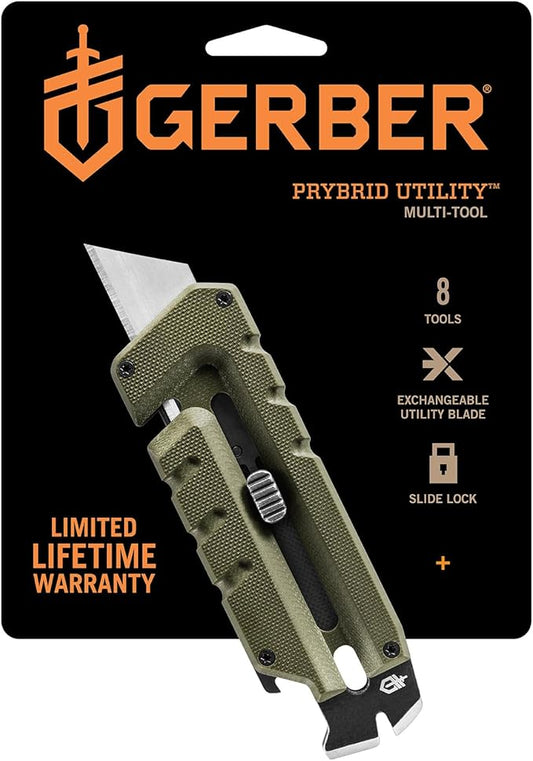 Gerber Gear Prybrid Utility EDC Multitool Pocket Utility Knife - Razor Knife with Retractable Hobby Blade and Pry Bar - Green with Clip