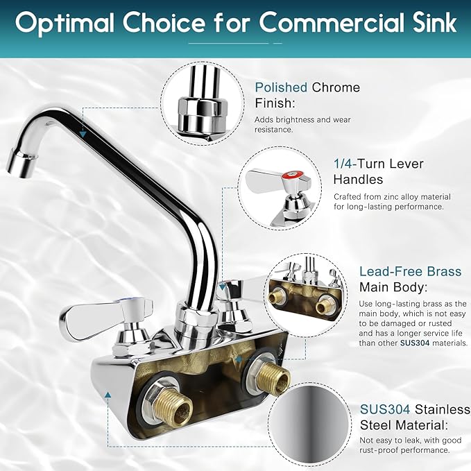 Leak-Free Commercial Sink Faucet 12" Swivel Spout, Wall Mount Kitchen Hand Sink Faucet with 4 Inch Center, 1/2" NPT Male Inlet, Brass Constructed & Chrome Polished, Dual Lever Handles
