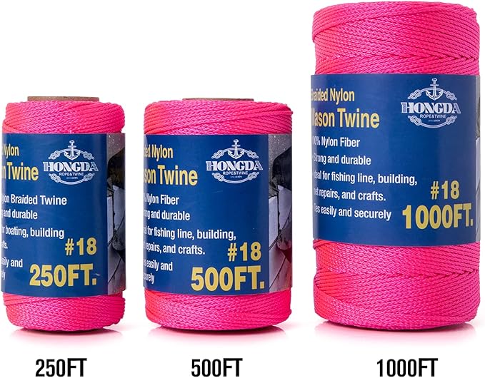 HONGDA Nylon Twine, 500 Feet #18 Braided Nylon Mason line String Perfect for Masonry Jobs and for The Layout of General Construction, Gardening, DIY Project, Fluorescent Pink