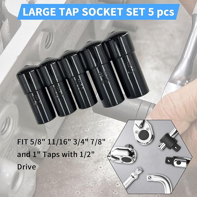 71670 Large Tap Socket Set 5 pcs Compatible with 5/8" 11/16" 3/4" 7/8" and 1" Taps with 1/2" Drive Fits MCTI Standard Taps