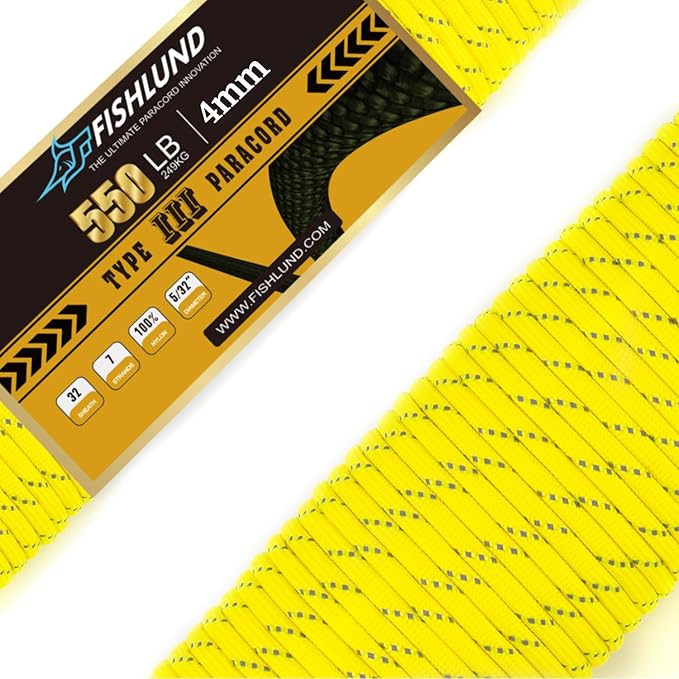 Reflective Paracord 550 lb, 7 Strand Paracord Rope 100ft 4mm, Nylon Parachute Cord for Camping, Neon Yellow