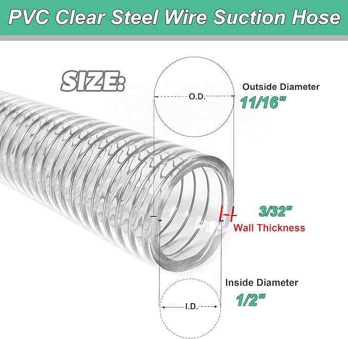 1/2"id-25ft PVC Reinforced Tubing Steel Wire Suction Flexible Hose Vinyl Tubing Heavy Duty PVC Vacuum Hose Drain Fuel Oil Gas Water for Marine Bilge Pump Pond Spa