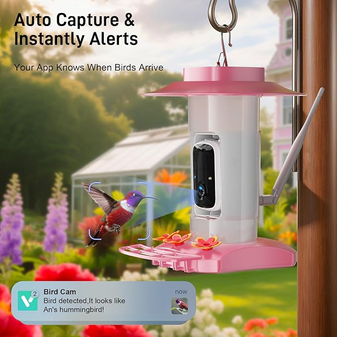 Hummingbird Feeder with Camera Outdoor, SV3C Hanging Bird Feeder with Ant Moat & Bee-Proof, HD 2K Solar Powered, AI Bird Identify, Instant App Alerts, Auto Capture, Hummingbird Lover Gifts, 21oz, Pink