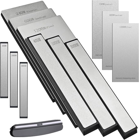 Diamond Sharpening Stone Set, Coarse/Medium/Extra Fine, 240/400 /600/1000 /1200/3000 Grit Knife Sharpener, 2 Sizes Whetstone Tool with Non-Slip Base, Diamond Plate Honing Stone, Hone Sharpener