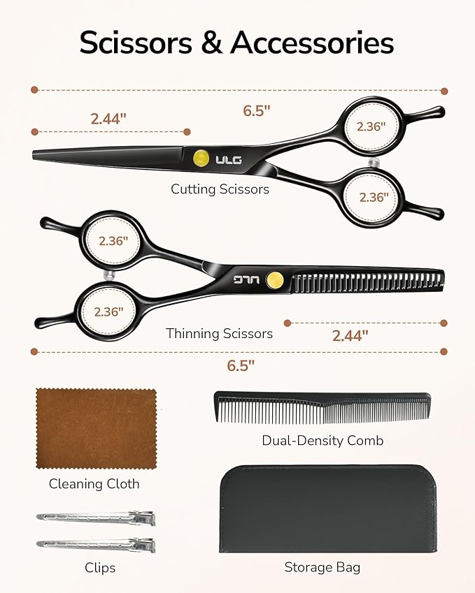 ULG Professional Hair Cutting Scissors Set ??6.5??Japanese Stainless Steel Barber Shears & Thinning Scissors with Comb, Clips & Case ??at-Home Salon Haircut Kit for Men, Women, Kids, Black