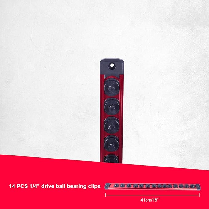 Magnetic Socket Holder Organizer Set:1/4-Inch Drive Socket Trays Socket, 360째 Swivel 14 Clips Socket Holder Kit, For Automotive Mechanic Garage (Red)