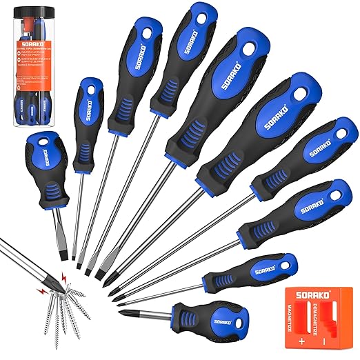 SORAKO 11-Piece Magnetic Screwdriver Set, 5 Phillips and 5 Slotted Tips, Include Magnetizer, Screwdriver with Professional Non-Slip Grip, for Home Repair and DIY Projects竊똚ith Case
