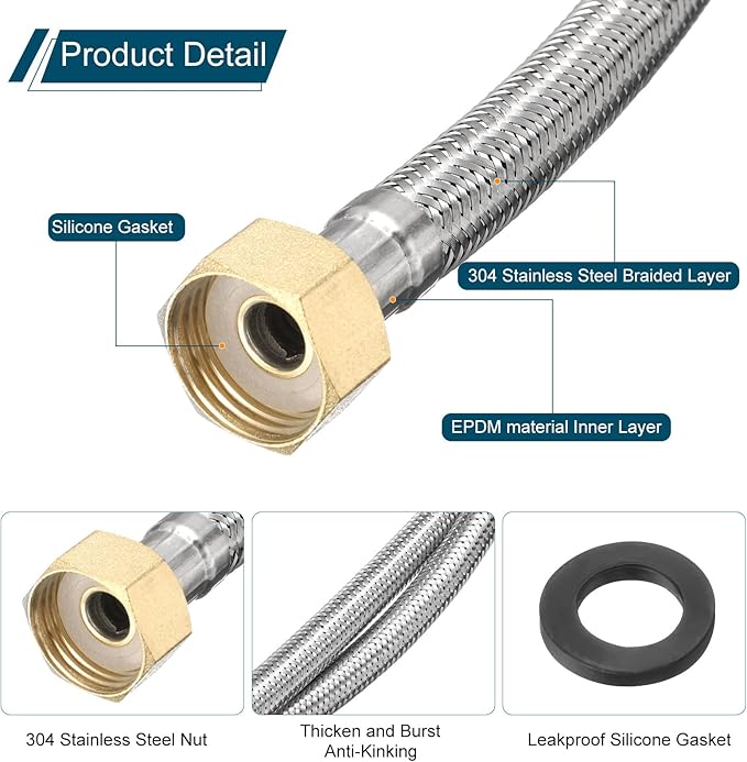 uxcell 2Pcs 47" Faucet Supply Lines Connector Stainless Steel Braided Long Faucet Connector G1/2 Female Compression Thread x G1/2 Female Straight Thread for Kitchen Sink Bathroom (Silver)