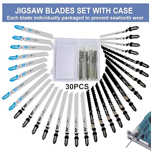 30PCS Jigsaw Blades Set, Assorted T-Shank Jig Saw Blades for Wood, Metal & Plastic Cutting(T101AO, T101B, T101BR, T118A, T118B, T144D, T244D, T111C, T127D)