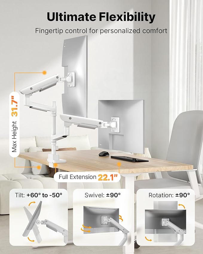 monTEK Sleek Aluminum Monitor Arm for 17??7??Ultrawide Screens up to 59.4 lbs, USB 3.0 A/C, Heavy Duty Dual Monitor Arm Desk Mount, Pneumatic Lift, Quick-Release Plate, Clamp/Grommet, max VESA 100x100