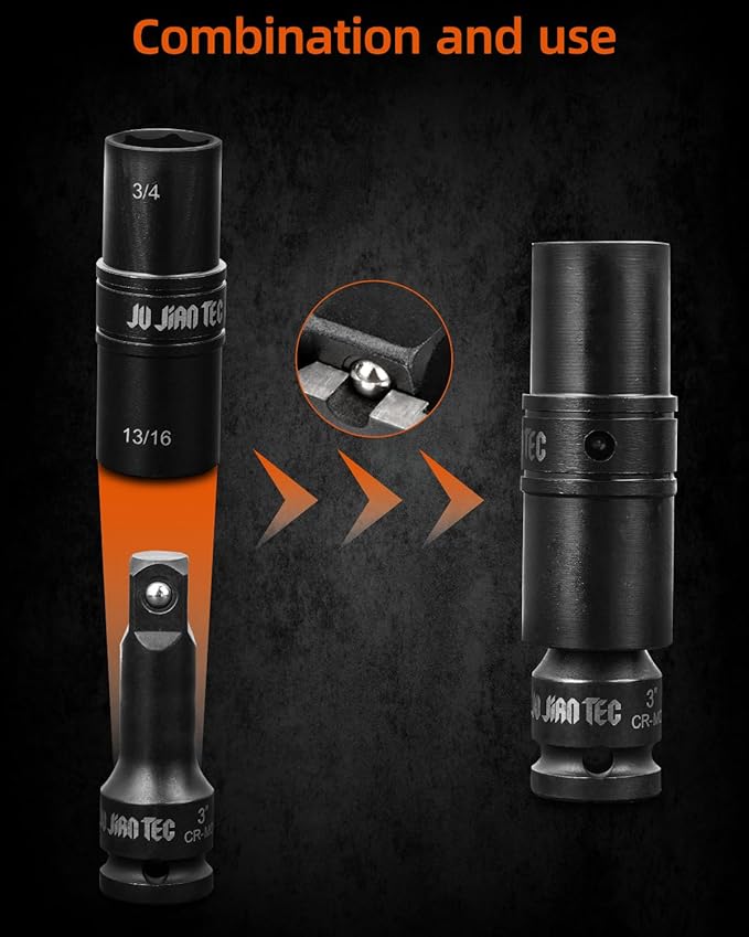 Lug Nut Impact Socket Set, Impact Driver Flip Socket, Five Sockets with 1/4-Inch Hex and 1/2-Inch Square Socket Adapters, Premium chrome vanadium Alloy Steel, with Molded Case