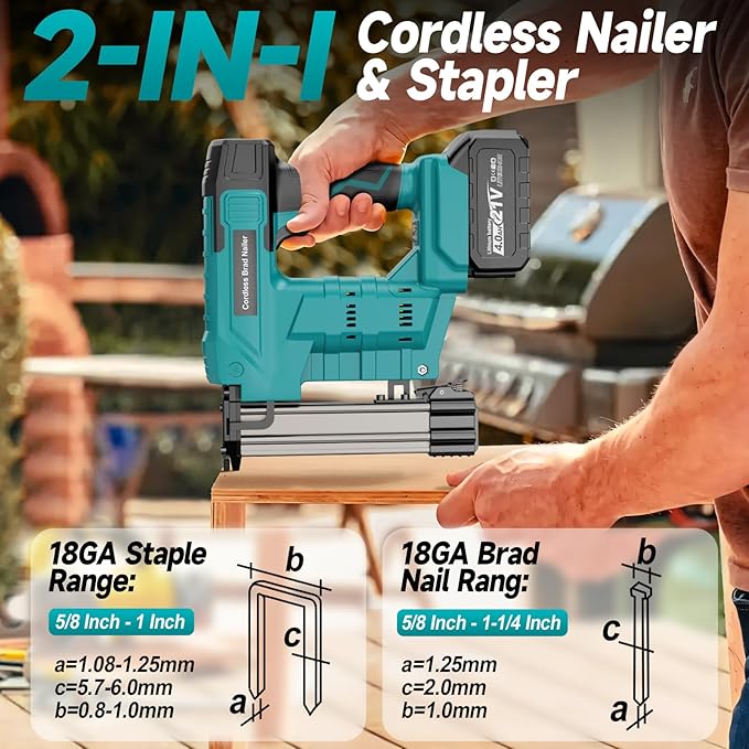 Cordless Brad Nailer, Nail Gun with 2Pcs 4.0Ah Battery, 18 Gauge 2 in 1 Electric Staple Guns Battery Powered for Upholstery & Carpentry, Include 1600Pcs Nails & Staples, Charger (Brad Nailer)